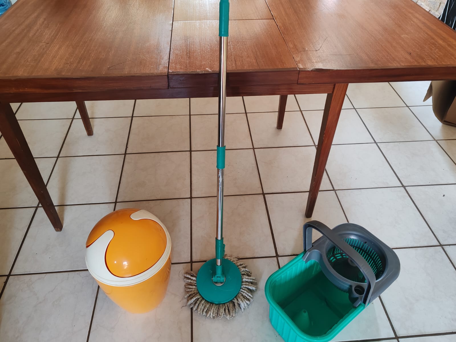Three-piece cleaning set — mop, wringer bucket and small lidded bin (orange/white)