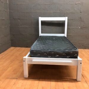Single white painted wooden bed frame with single mattress — used, cosmetic wear