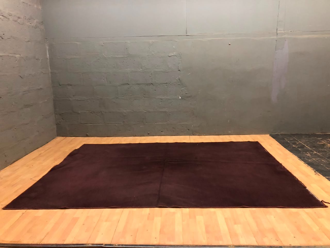 Large plain dark-brown area rug 326 x 236 cm — used, flattened pile & edge fraying
