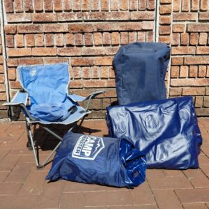 Camp Master fold-out double bed frame + 2 queen inflatable mattresses (slow leaks) + folding chair