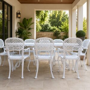 White Painted Aluminium Outdoor Dining Table with 8 Matching Chairs (7-Piece Set)