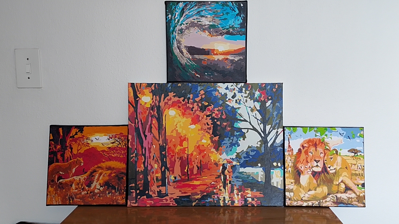 Set of 4 Painted Canvases – 1 large 49.5 x 40 cm + 3 x 25.5 x 25.5 cm