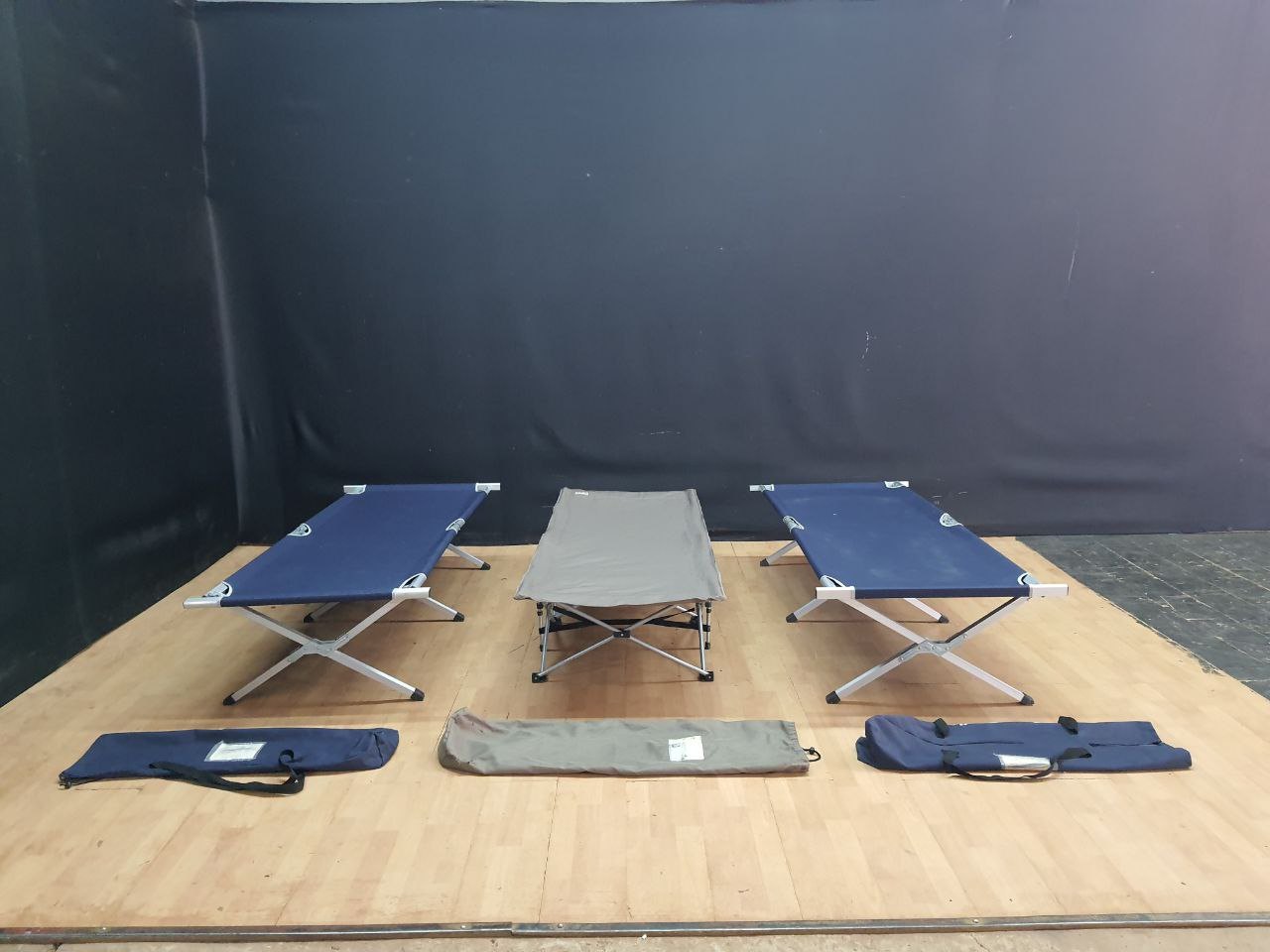 Lot of 3 Folding Camp Beds with Carry Bags – 2 Blue, 1 Oztrail Grey