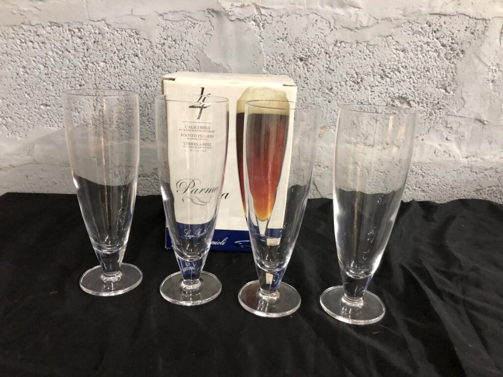 Set of 4 Luigi Bormioli Parma Footed Pilsner Glasses – New in Box