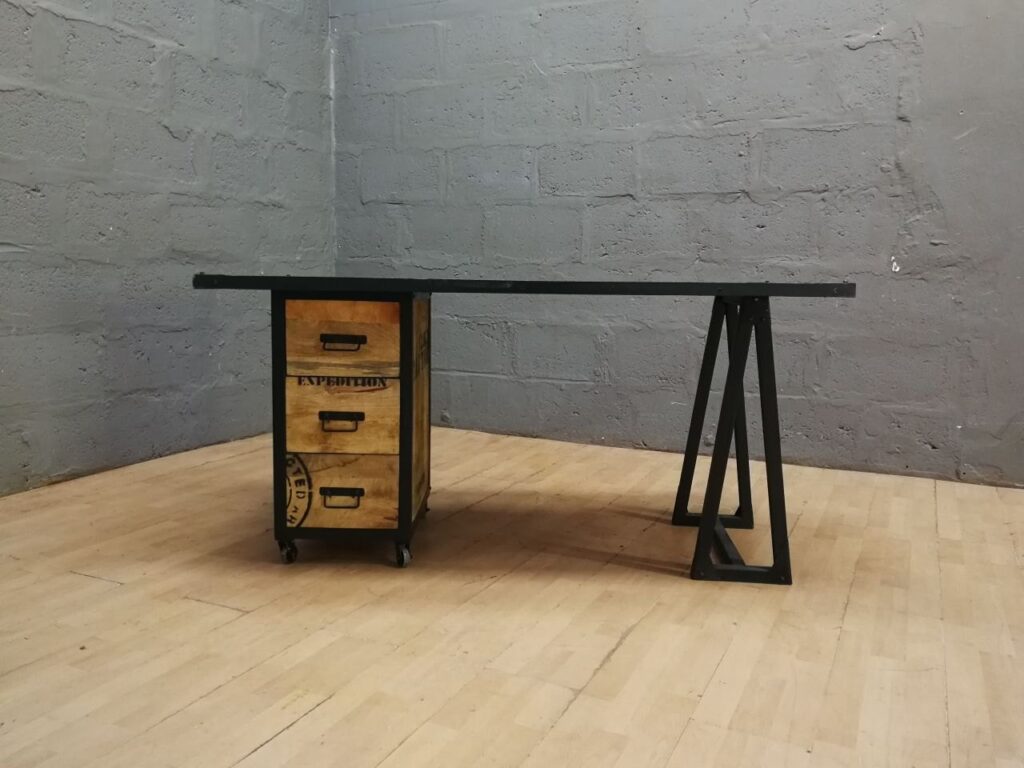 Industrial-Style Desk with Three Drawers and Metal Frame