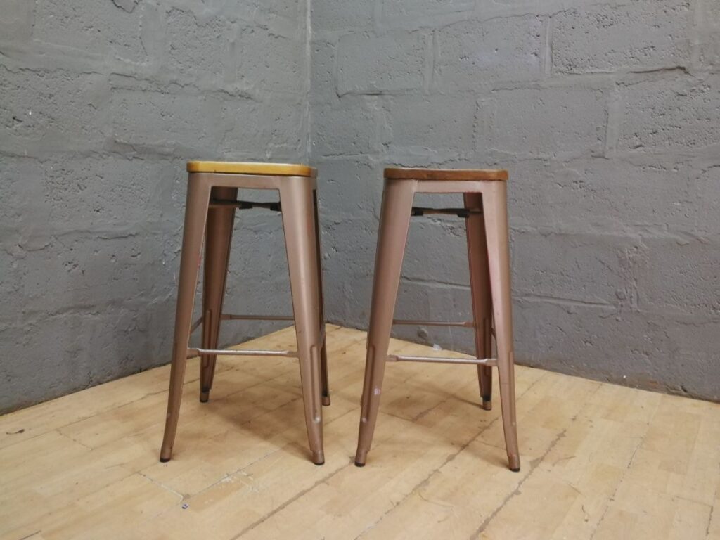 Pair of Metal Bar Stools with Wooden Seats