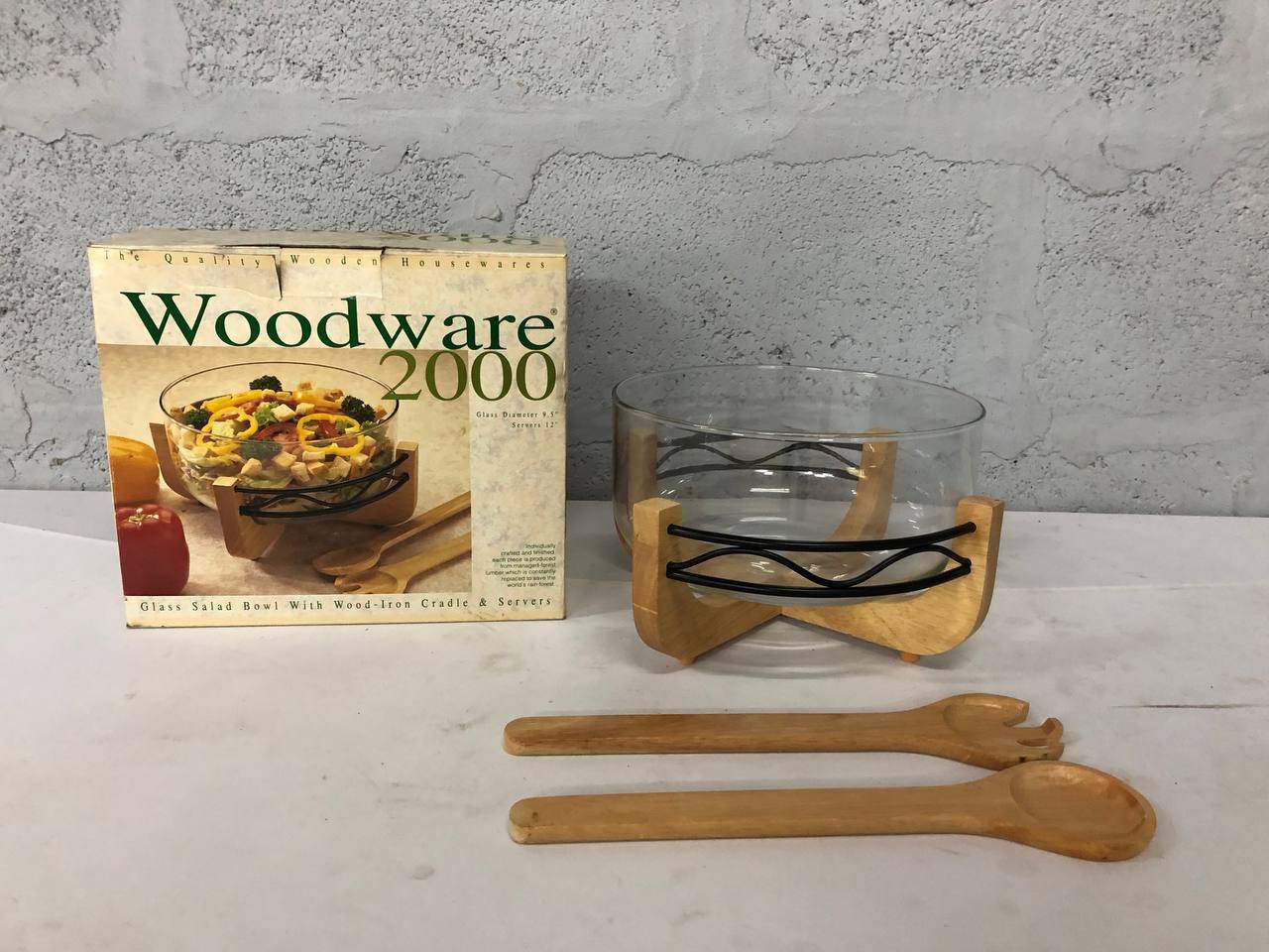 Woodware 2000 Glass Salad Bowl Set with Wood-Iron Cradle & Wooden Servers (Boxed)