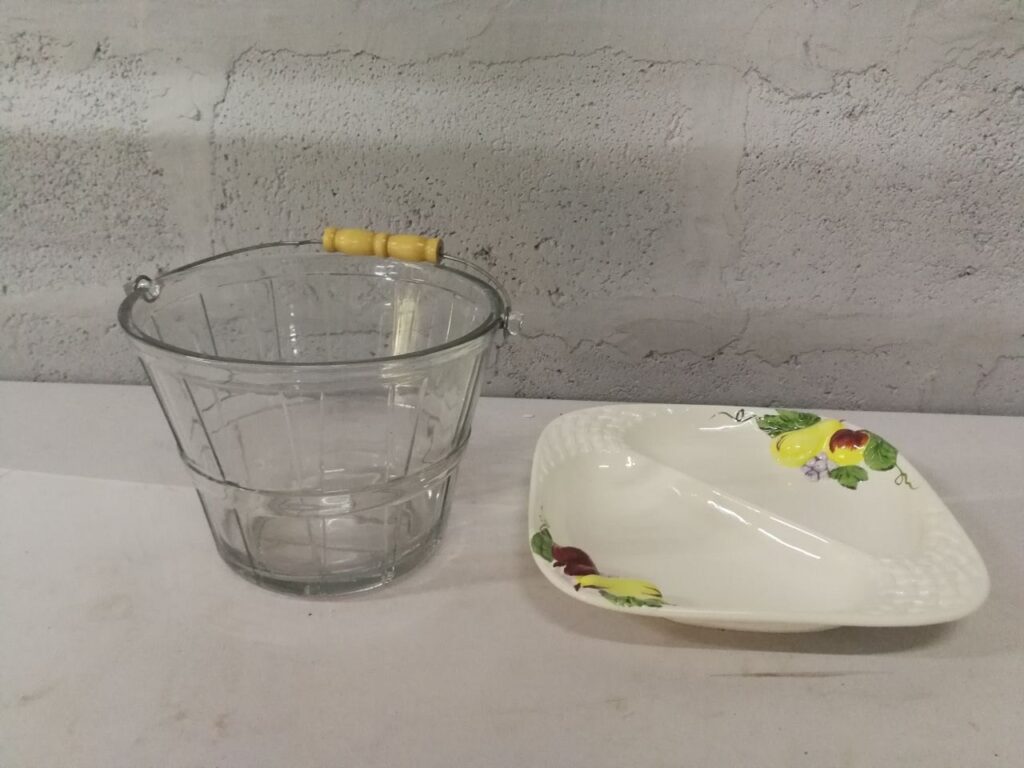 Glass Ice Bucket with Wooden Handle & Ceramic Divided Serving Dish – Lot of 2