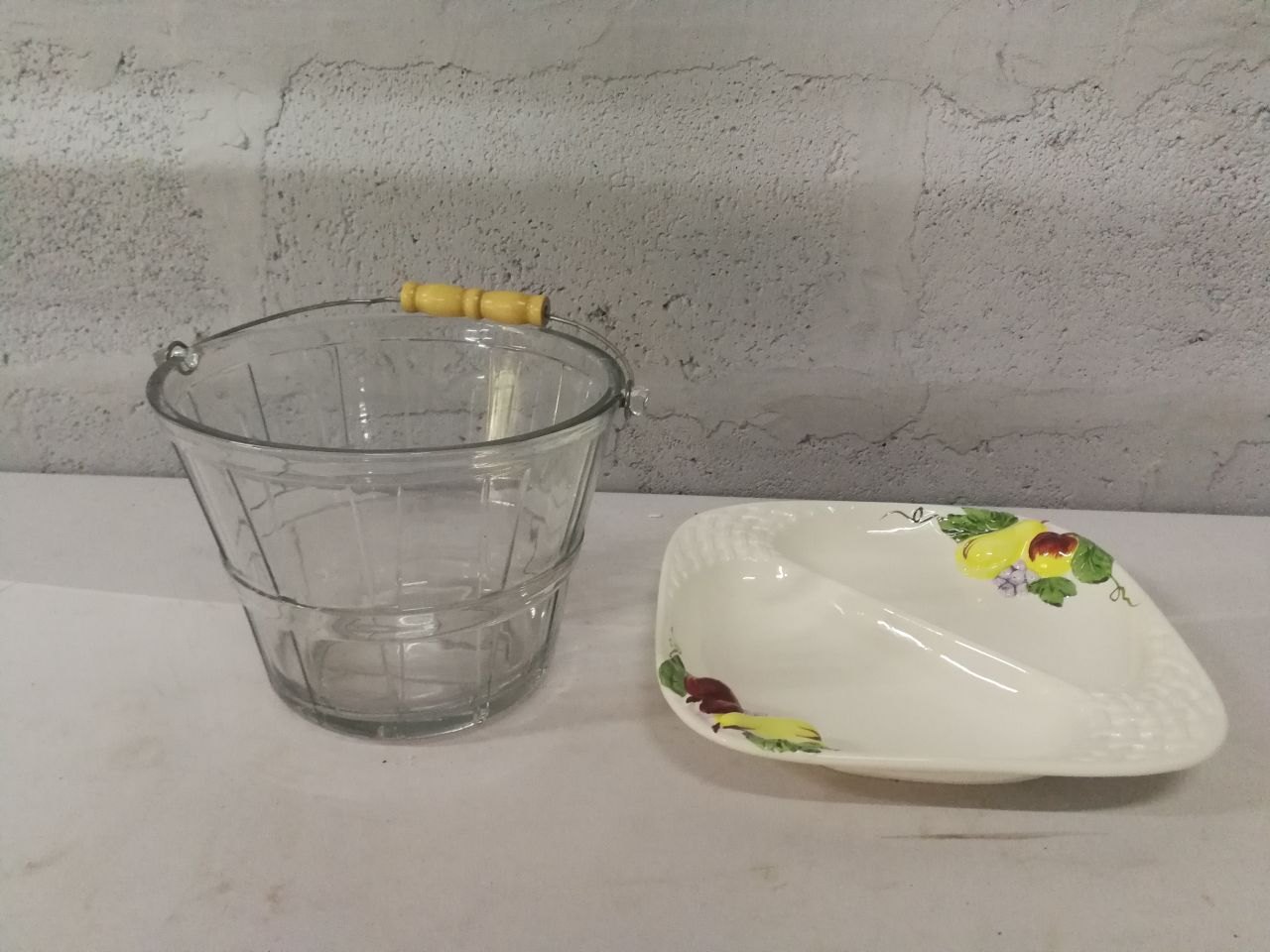 Glass Ice Bucket with Wooden Handle & Ceramic Divided Serving Dish – Lot of 2