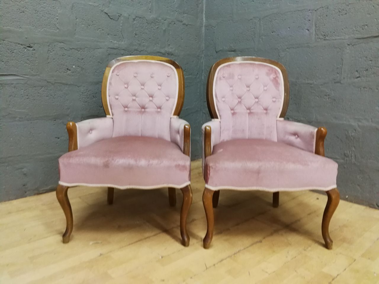Pair of Pink/Dusty Rose Upholstered Armchairs with Tufted Backs