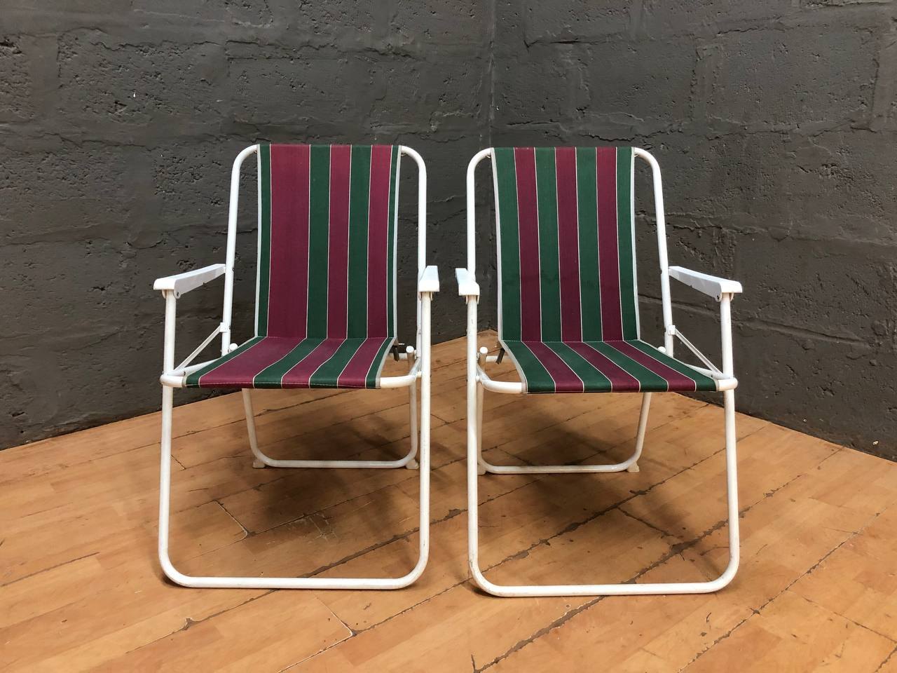 Pair of Vintage-Style Folding Metal Outdoor Chairs with Striped Fabric