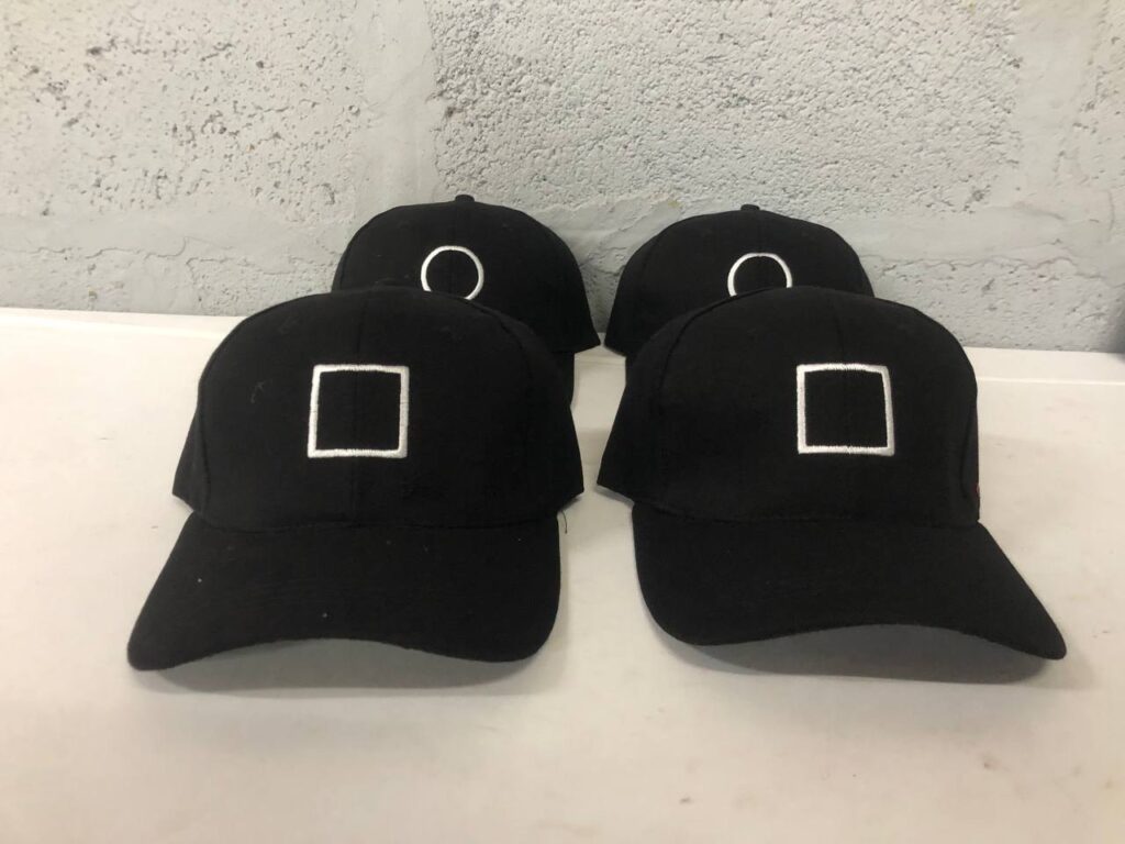 Set of 4 Black Baseball Caps with White Embroidered Shapes