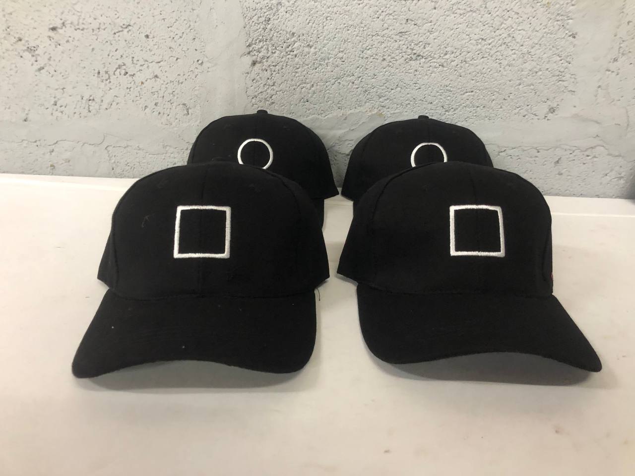 Set of 4 Black Baseball Caps with White Embroidered Shapes