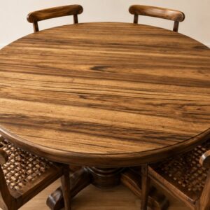 Black wood Dining Table with 6 Matching Woven-Seat Chairs