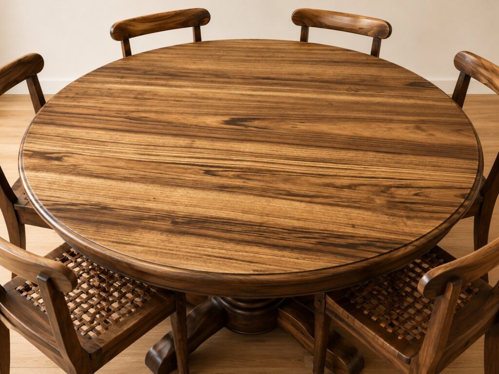 Black wood Dining Table with 6 Matching Woven-Seat Chairs