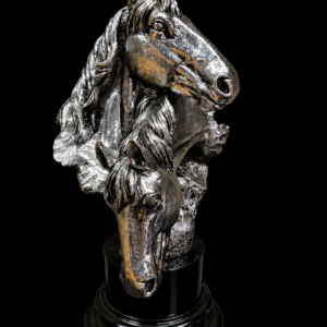 Double Horse-Head Decorative Sculpture on Round Base, Metallic Silver Finish