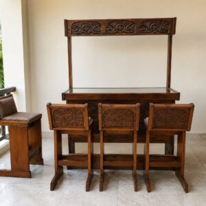 Solid Wooden Bar Set with Overhead Shelf and Four Stools – Carved Detail, Good Used Condition
