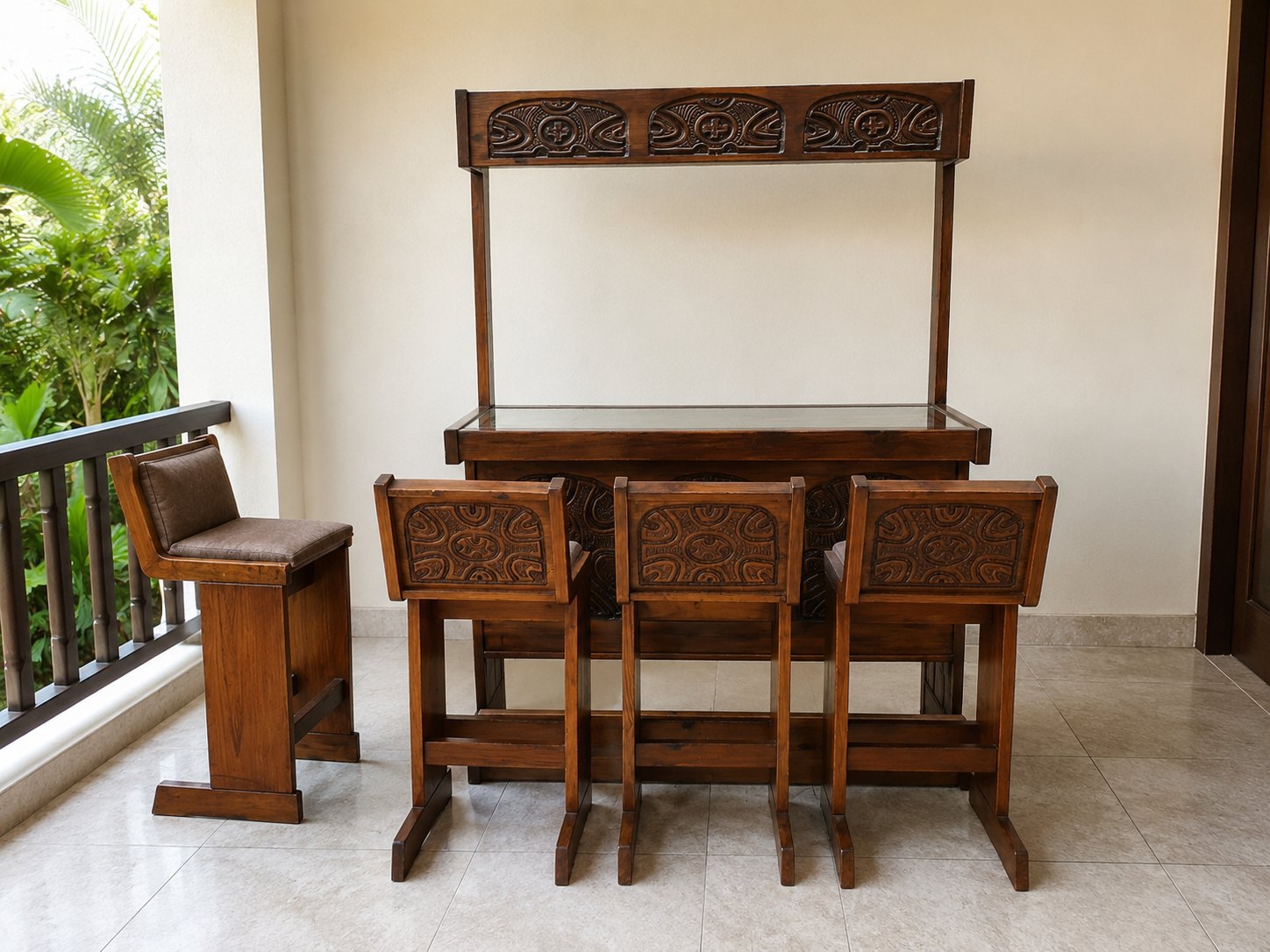 Solid Wooden Bar Set with Overhead Shelf and Four Stools – Carved Detail, Good Used Condition