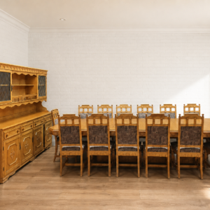 Large 14-Seater Dining Table Set with Buffet — Long Wood-tone Table & Chairs