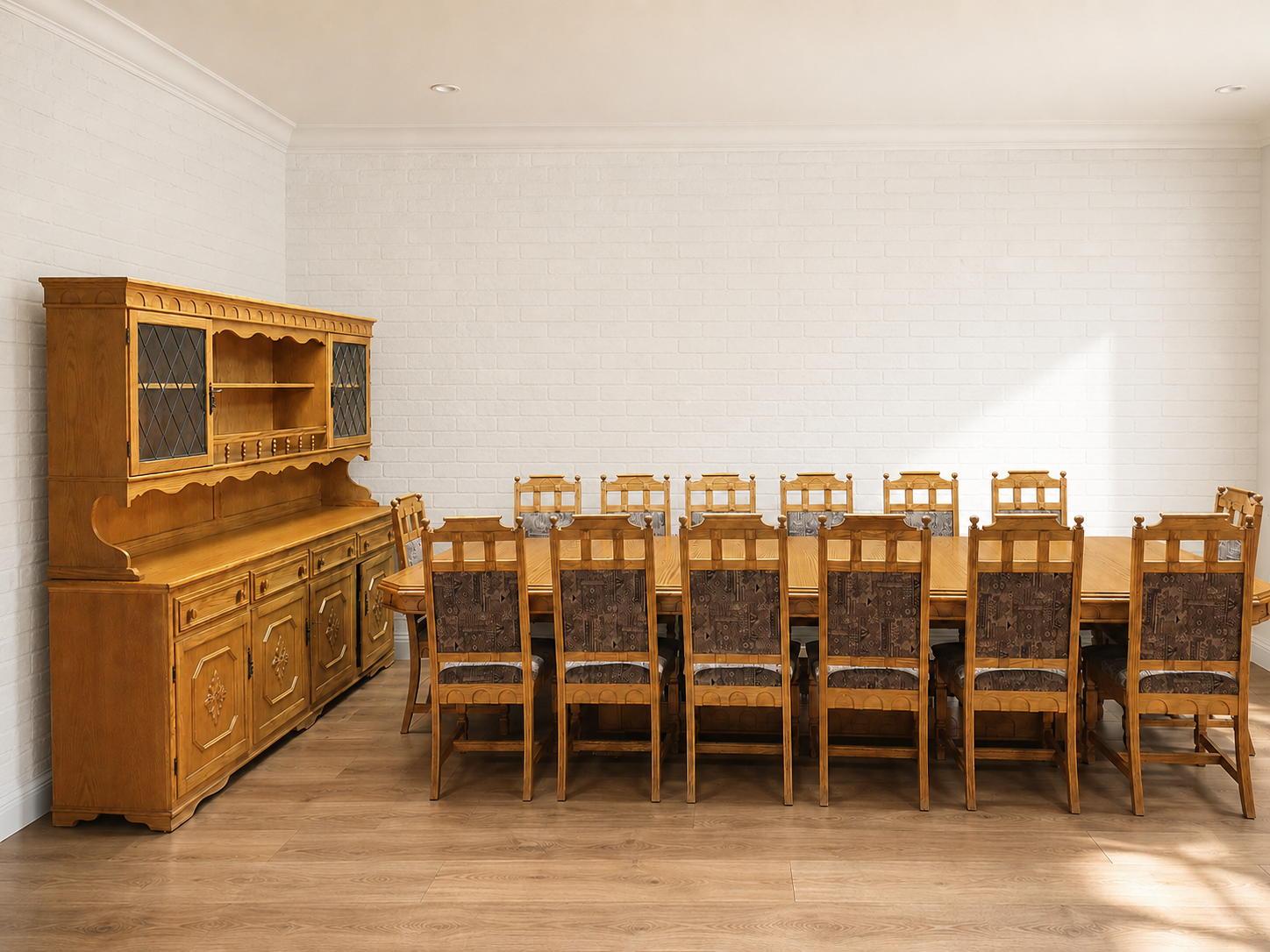 Large 14-Seater Dining Table Set with Buffet — Long Wood-tone Table & Chairs