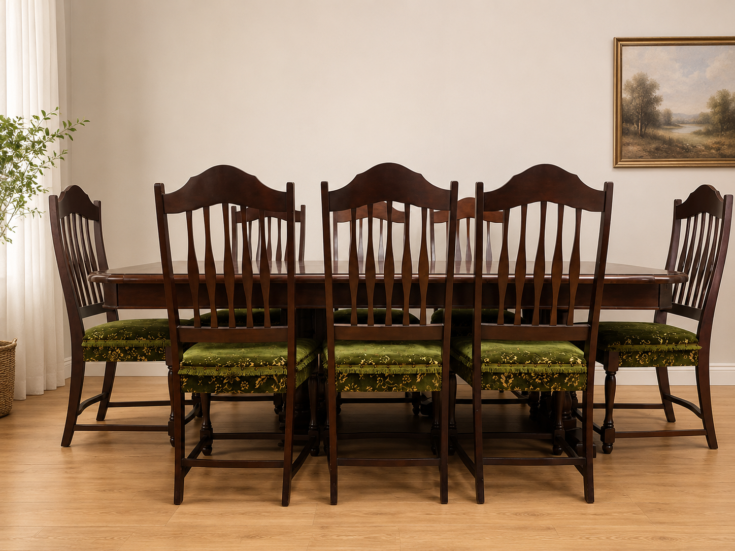 Dining Table with 8 Matching Chairs – Dark Brown Finish, 228 x 109 x 77 cm