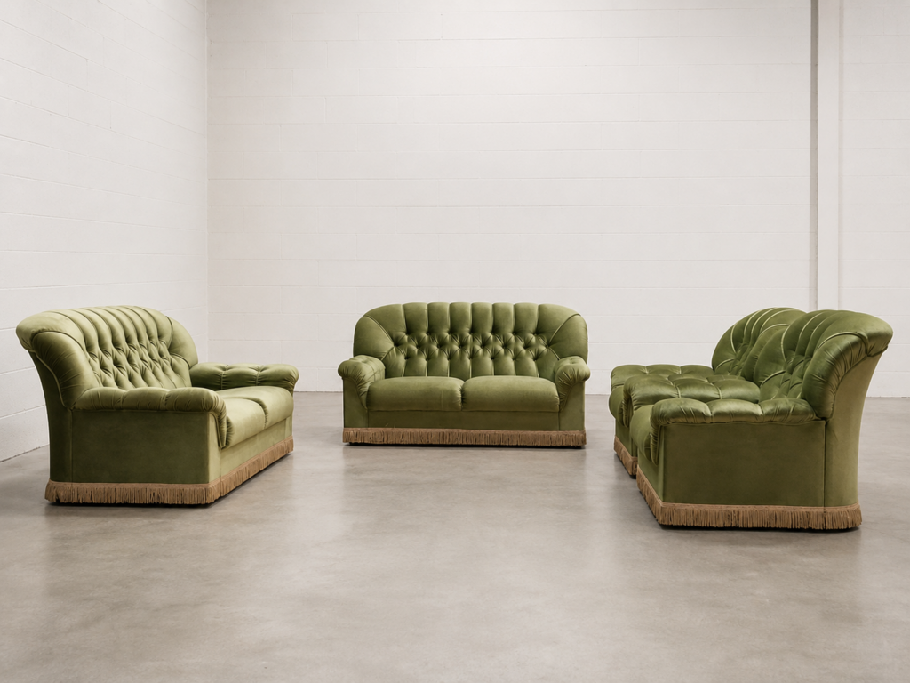Olive-green button-tufted 1970’s upholstered seating set with decorative fringe