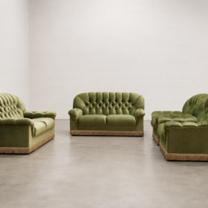 Olive-green button-tufted 1970's upholstered seating set with decorative fringe