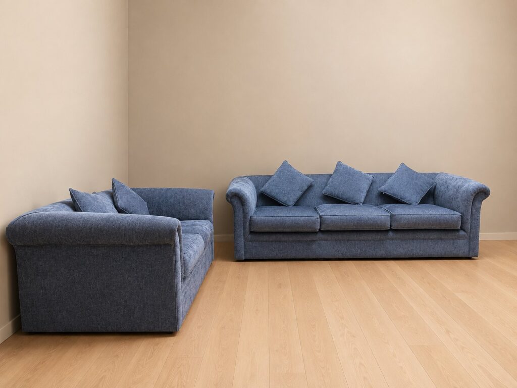 2-Piece Blue Fabric Sofa Set – 3-Seater & 2-Seater with Scatter Cushions