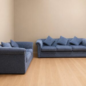 2-Piece Blue Fabric Sofa Set – 3-Seater & 2-Seater with Scatter Cushions
