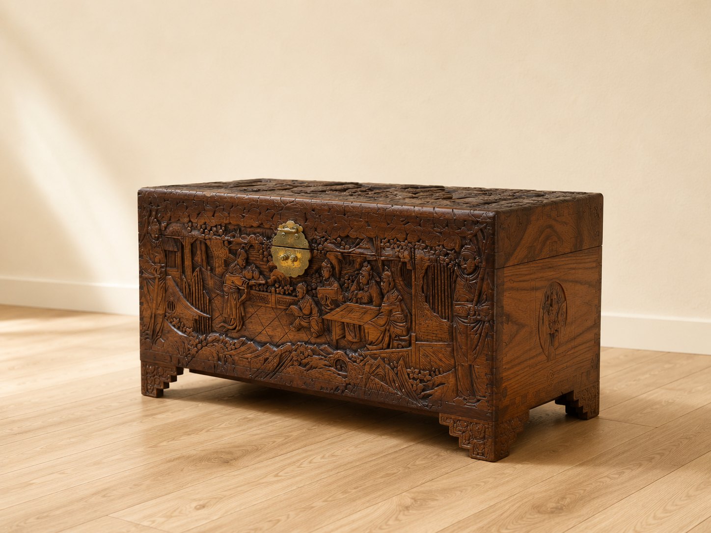 Carved Wooden Chest / Trunk – Ornate Detailing, 94x45x48 cm, No Lock