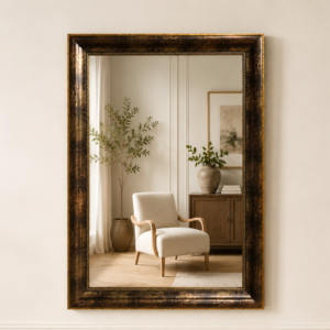 Large Rectangular Wall Mirror with Distressed Dark Frame, 73 x 103 cm