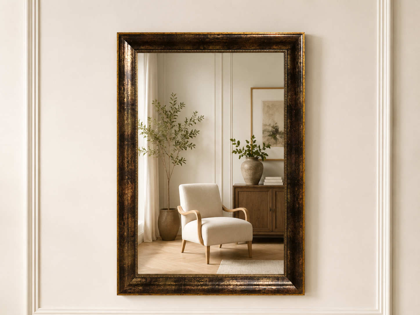 Large Rectangular Wall Mirror with Distressed Dark Frame, 73 x 103 cm