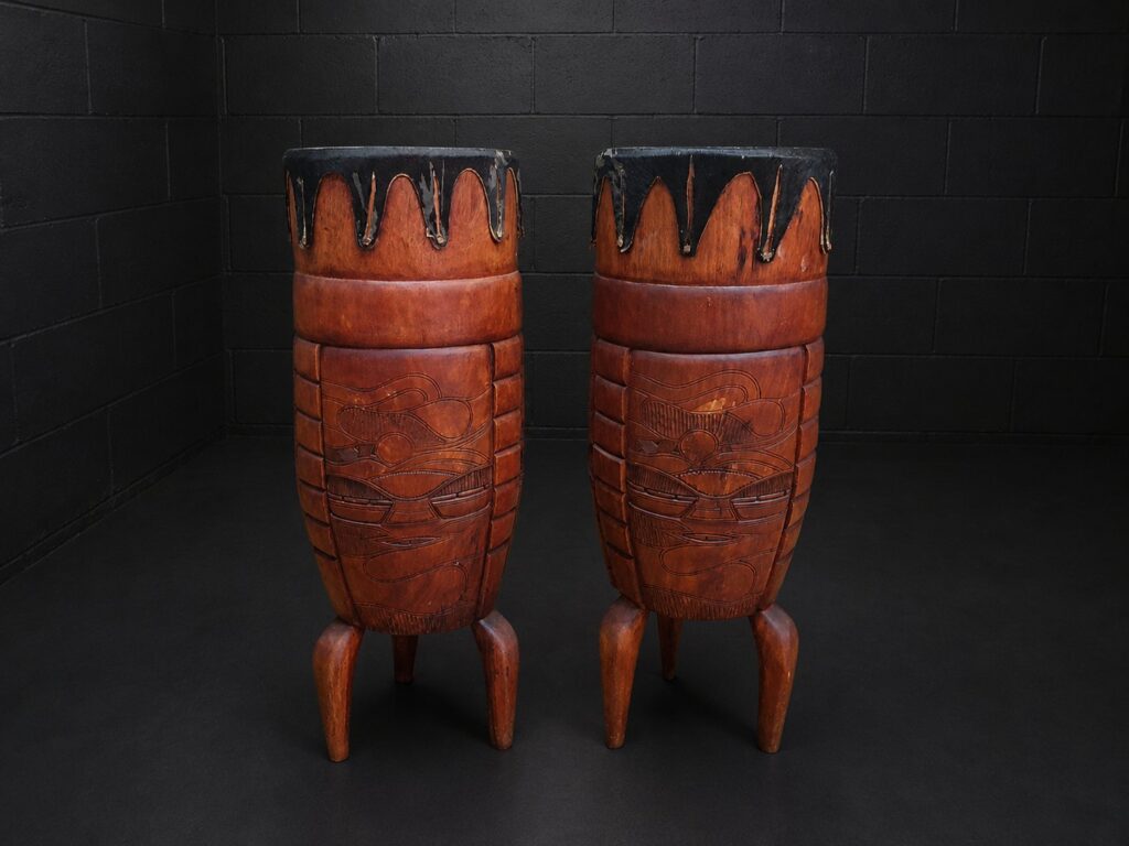 Pair of Large Carved Wooden Drums with Animal Skin Heads – 92cm Tall