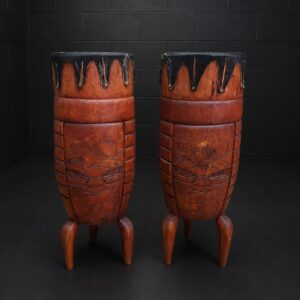 Pair of Large Carved Wooden Drums with Animal Skin Heads – 92cm Tall