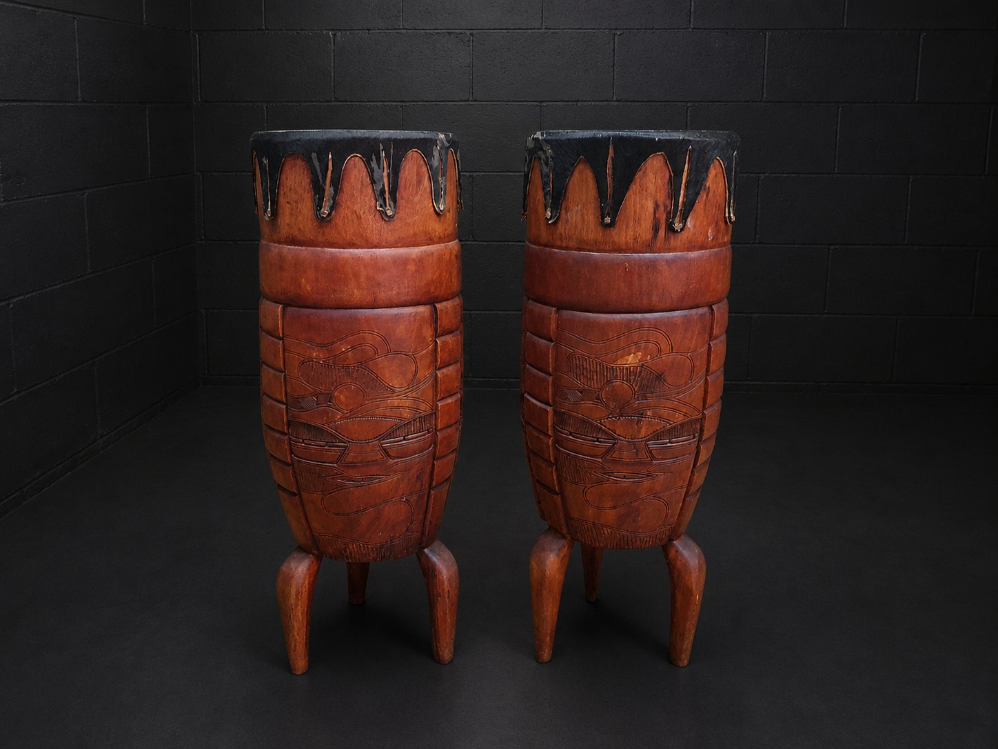 Pair of Large Carved Wooden Drums with Animal Skin Heads – 92cm Tall