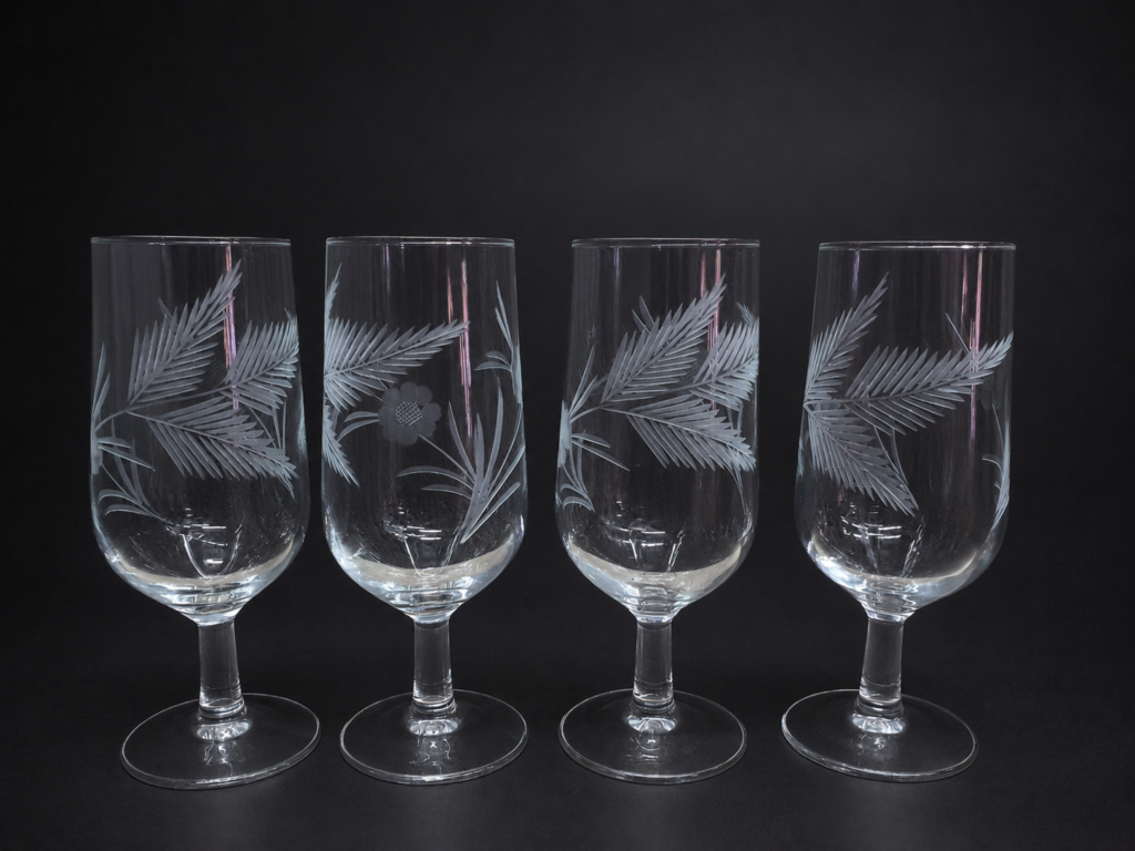 Set of 4 Etched Stemmed Drinking Glasses, Clear Glass with Frosted Decoration