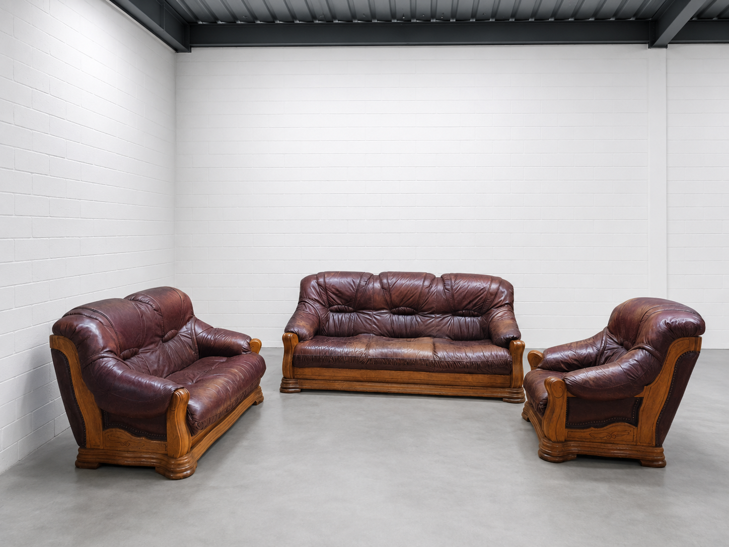 3-piece brown leather-look sofa set (3-seater, 2-seater, armchair)