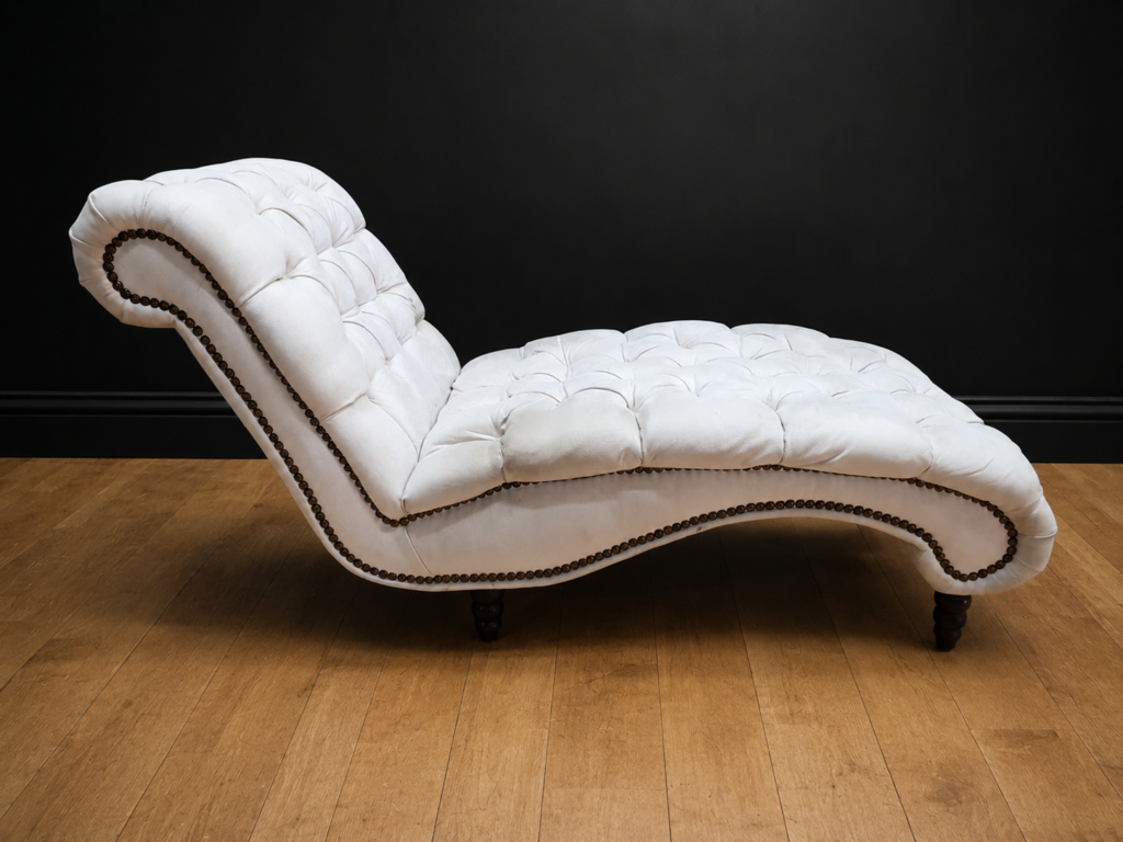 Off-white Tufted Chaise Lounge with Nailhead Trim & Turned Wooden Legs