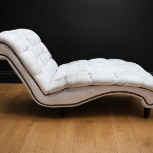 Off-white Tufted Chaise Lounge with Nailhead Trim & Turned Wooden Legs