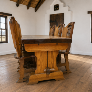 Dining table with six matching chairs — carved detail, medium brown finish