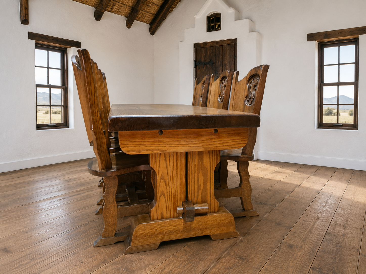 Dining table with six matching chairs — carved detail, medium brown finish