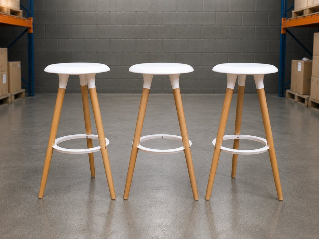 Set of 3 Strong Bar Stools – White Seats, Wooden Legs, 75cm Height