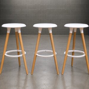 Set of 3 Strong Bar Stools – White Seats, Wooden Legs, 75cm Height
