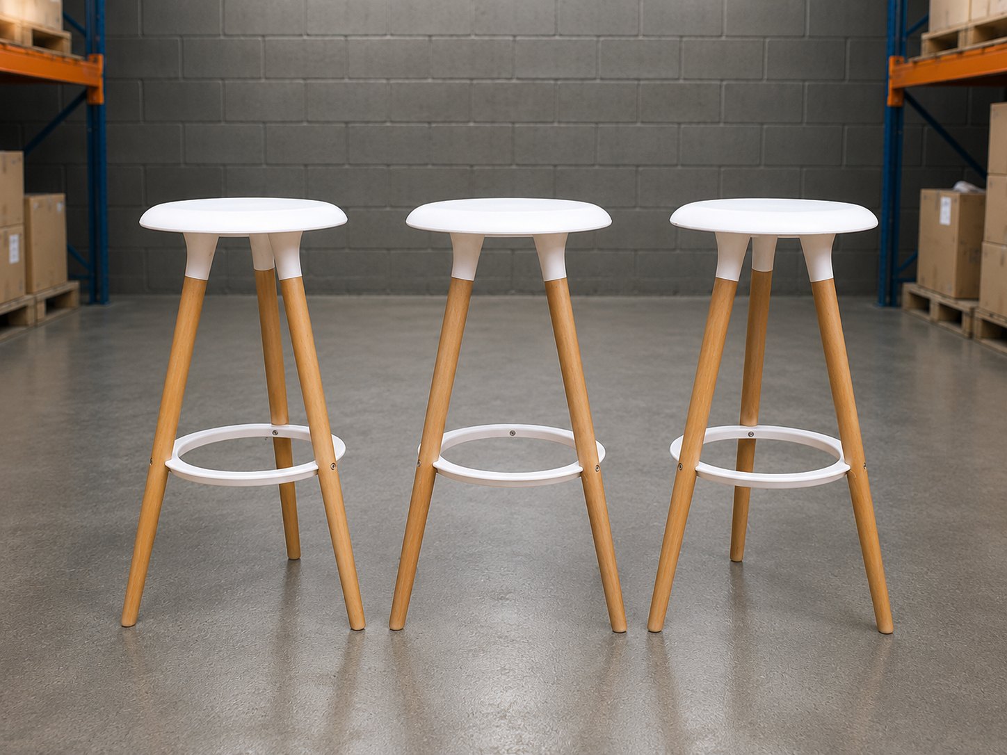Set of 3 Strong Bar Stools – White Seats, Wooden Legs, 75cm Height