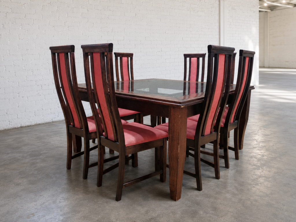 Square Dining Table with Glass Top + Set of 8 Upholstered Chairs
