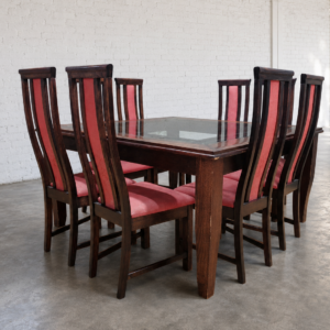Square Dining Table with Glass Top + Set of 8 Upholstered Chairs