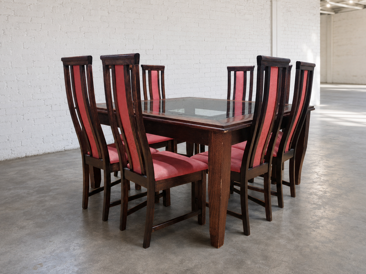 Square Dining Table with Glass Top + Set of 8 Upholstered Chairs