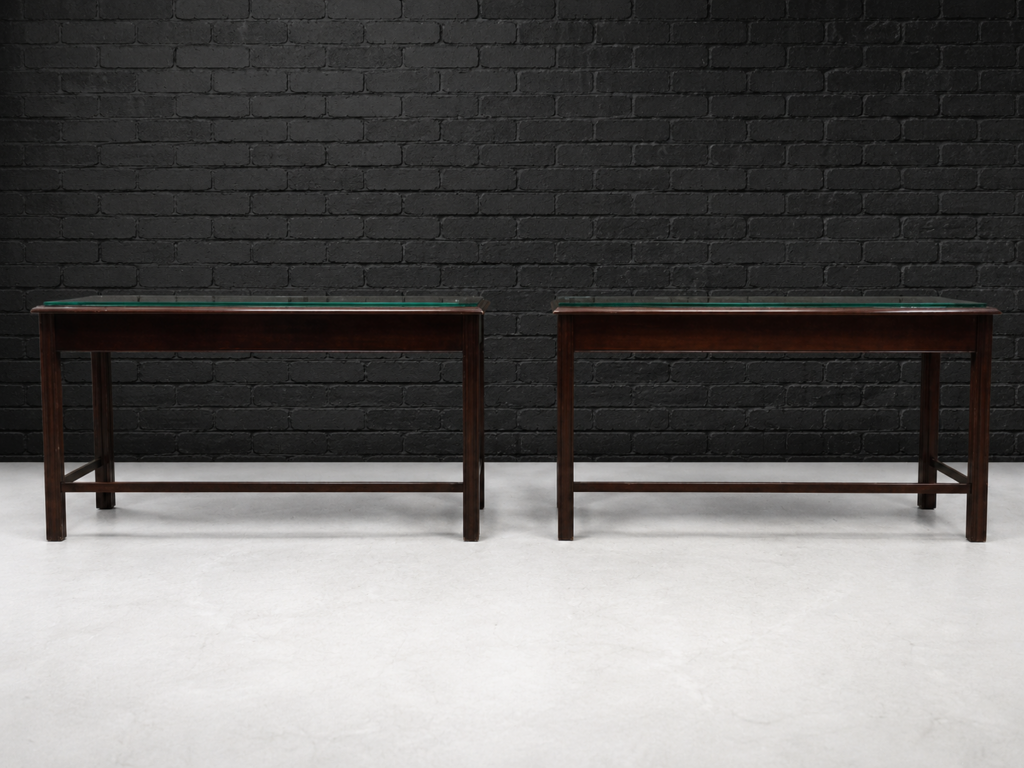 Pair of Dark-Brown Wooden Tables with Glass Tops (Set of 2)