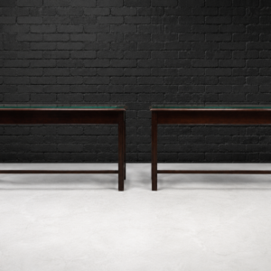 Pair of Dark-Brown Wooden Tables with Glass Tops (Set of 2)