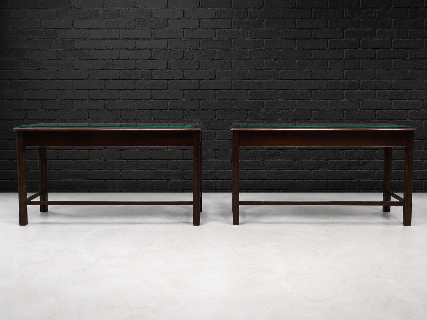 Pair of Dark-Brown Wooden Tables with Glass Tops (Set of 2)